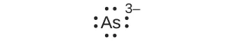 Un diagrama de puntos de Lewis muestra el símbolo del arsénico, A s, rodeado de ocho puntos y un signo negativo en superíndice.