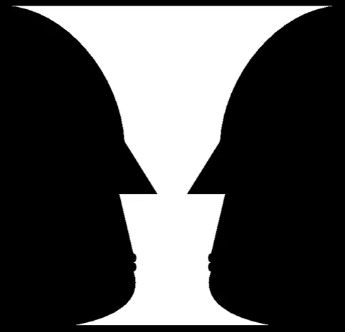An illustration shows two identical black face-like shapes that face towards one another, and one white vase-like shape that occupies all of the space in between them. Depending on which part of the illustration is focused on, either the black shapes or the white shape may appear to be the object of the illustration, leaving the other(s) perceived as negative space.