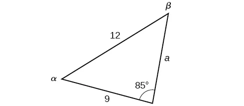 An oblique triangle with standard labels. Side b is 9, side c is 12, and angle gamma is 85. Angle alpha, angle beta, and side a are unknown.