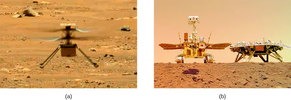 Part a is an image of the Ingenuity Helicopter flying above the surface of Mars. Part b is an image of the Zhurong rover next to the Tianwen-1 lander on Mars.