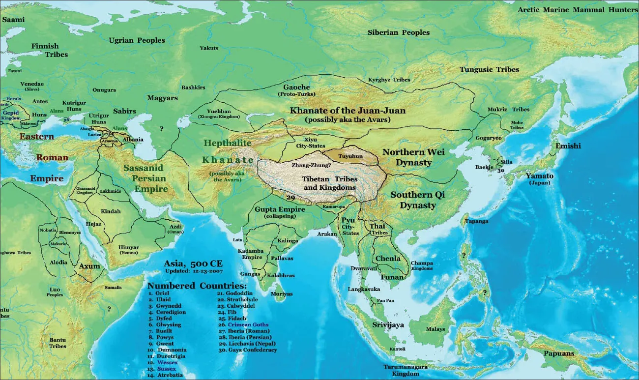 A map is shown, labelled “Asia, 500 CE Updated: 12-23-2007.” Water is highlighted blue and shown in the southeast of the map as well as along the south of the map. Blue lines on the land show as well as areas of water in the west. Green, yellow, and brown land fills most of the image. In the northwest, the Saami, Finnish Tribes, Ugrian Peoples, Sabirs, and Magyars are labelled. Smaller names include: Yakuts, Estoni, Venedae (Slavs), Onugurs, Bashkirs, Heruls, Antes, Kutrigur Huns, Gepid Kingdom, Huns, Sklaveni, Alans, Utrigur Huns, Abasgia, Lasica, Alans, Armenia and Albania. In the west a large area is labelled “Eastern Roman Empire.” To the southwest these areas are labelled on a land mass: Nobatia, Blemmyes, Makuria, Alodia, Axum, Somalis, Luo Peoples, and Bantu Tribes. An area with a question mark is also shown just south of the Somalis. Two other names are cut off the map. Just northeast is a peninsula of land with these areas labelled: Ghassanid Kingdom, Lakhmids, Kindah, Hejaz, Himyar (Yemen), and Azdi (Oman). In the northeast, a large area is labelled “Sassanid Persian Empire.” Heading east a large area is labelled “Hepthalite Khanate (possibly aka the Avers).” Straight north of that is an area labelled “Yuehban (Xiongnu Kingdom).” Southeast of the Hepthalite Khanate is an area labelled “Gupta Empire (collapsing)” with a small area above it with the number “29” in it. South of the Gupta Empire are areas labelled: Lata, Kalinga, Kadamba Empire, Pallavas, Gangas, Kalabhras, and Moriyas. East of Yuehban is a large area labelled “Khanate of the Juan-Juan (possibly aka the Avars), with a small area at the northwest labelled: Gaoche (Proto-Turks.) Heading straight south are the following areas labelled: Xiyu City-States, Tuyuhun, Zhang-Zhung?, Tibetan Tribes and Kingdoms, Kamarupa, Pyu City-States, Arakan, Thai Tribes, Chenla, Dvaravati, Langkasuka, Pan, Funan, Champa Kingdoms, Srivijaya, Kantoli, Tarumanagara Kingdom, and Malays. Heading east are the following areas labelled: Northern Wei dynasty, Southern Qi dynasty, Kyrghyz Tribes, Tungusic Tribes, Mukriz Tribes, Mobe Tribes, Goguryeo, Baekje, Silla, Tapanga, Emishi and Yamato (Japan). In the southeast corner of the map an island is labelled Papuans. In the northeast corner of the map are the Siberian Peoples and the Arctic Marine Mammal Hunters. A legend lists “Numbered Countries: 1. Oriel, 2. Ulaid, 3. Gwynedd, 4. Ceredigion, 5. Dyfed, 6. Giwysing, 7. Buelit, 8. Powys, 9. Gwent, 10. Dumnonia, 11. Durotrigia, 12. Wessex, 13. Sussex, 14. Atrebatia, (#15-20 are cut off on the map), 21. Gododdin, 22. Strathclyde, 23. Calwyddel, 24. Fib, 25. Fidach, 26. Crimean Goths, 27. Iberia (Roman), 28. Iberia (Persian), 29. Licchavis (Nepal), 30, Gaya Confederacy.”