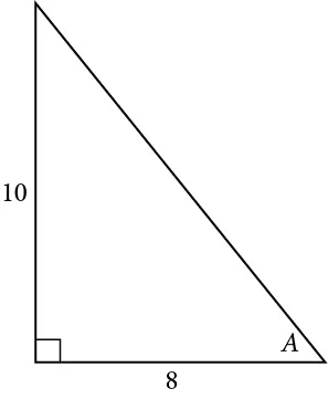 A right triangle with sides of 10 and 8 and angle of A labeled.