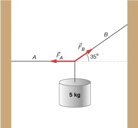 Struna jest zamocowana na obu końcach. Punkt podparcia z lewej strony struny jest niżej niż punkt podparcia z prawej. W środkowym punkcie struny zawieszono odważnik o masie 5 kg. Odcinek struny pomiędzy lewym punktem podparcia a środkiem struny jest poziomy i oznaczony jako A. Odcinek struny między jej środkiem a prawym punktem podparcia jest oznaczony jako B. Biegnie on pod kątem 35 stopni do poziomu. Strzałki oznaczone jako F indeks dolny A i F indeks dolny B są przyłożone w środku struny i biegną odpowiednio w kierunku lewego i prawego punktu podparcia.