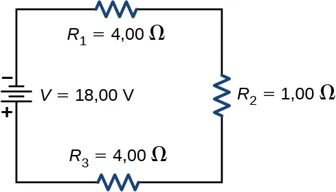 La figura muestra el terminal negativo de una fuente de voltaje de 18 V conectado a tres resistores en serie, R subíndice 1 de 4 Ω, R subíndice 2 de 1 Ω y R subíndice 3 de 4 Ω.