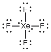 Una estructura de Lewis muestra un átomo de xenón con dos pares solitarios de electrones. Tiene un enlace simple con cuatro átomos de flúor, cada uno con tres pares solitarios de electrones.