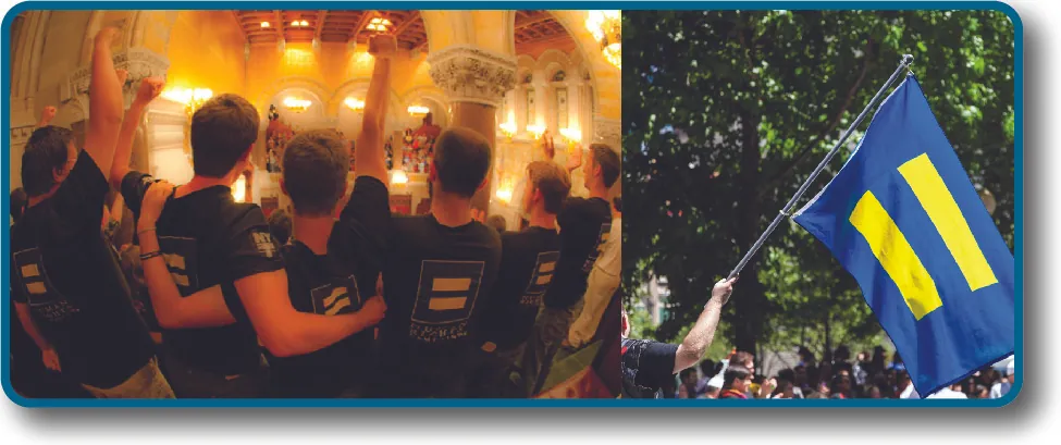 Image on the left is of the back of a group of people. The symbol of an equals sign can be seen on the back of several shirts. Image on the right is of a flag. On the flag is the symbol of an equals sign.