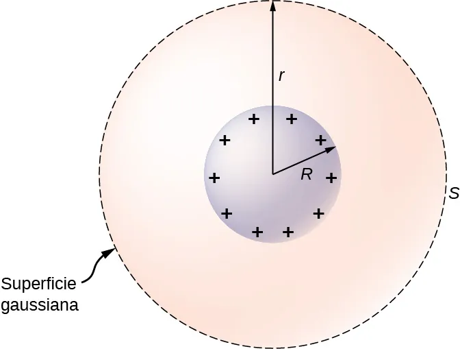 Se muestran dos círculos concéntricos. El más pequeño, de radio R, tiene signos de más en su interior. El más grande, con radio r, se muestra con una línea punteada y se marca como S, superficie gaussiana.