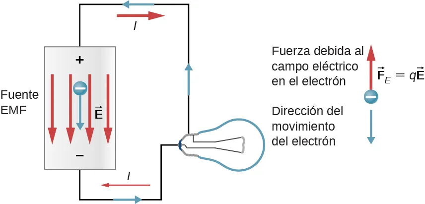 La figura muestra un circuito con una fuente de emf conectada a una bombilla. El electrón fluye del terminal positivo al negativo dentro de la fuente y la fuerza sobre el electrón es opuesta a la dirección del movimiento.