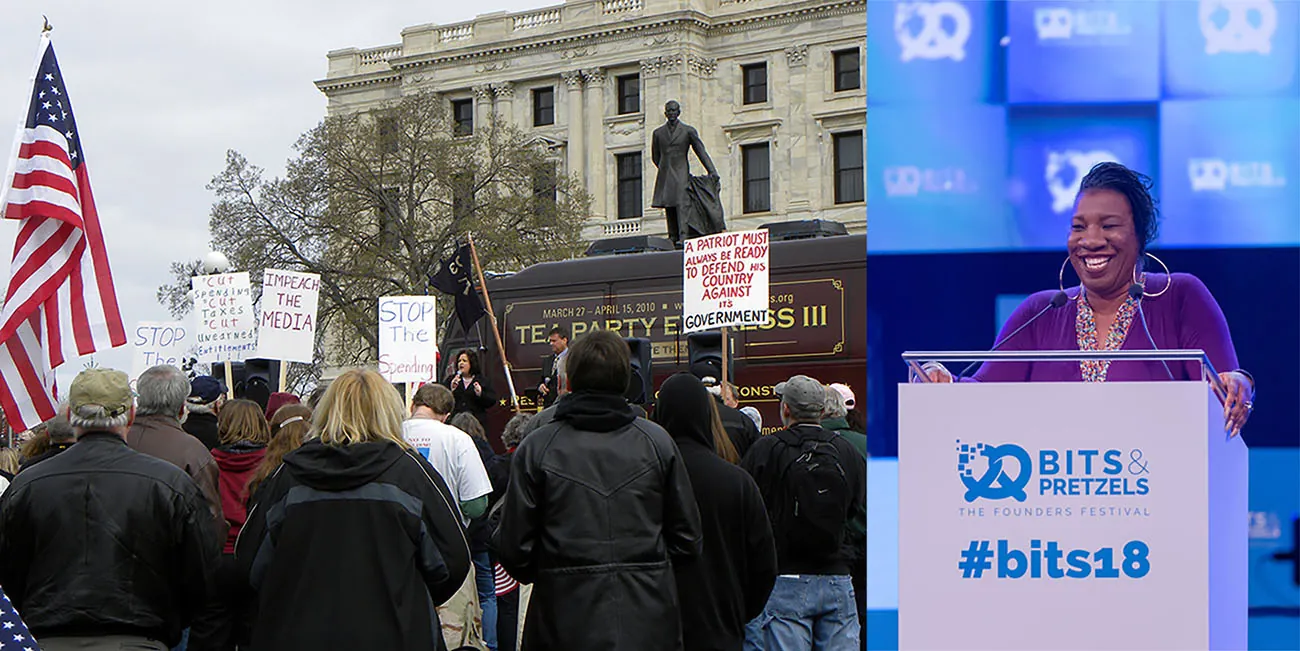 Photo A: A gruup of people with an American flag in front of a bus with the words “Tea Party Express.” Photo B: Tarana Burke stands at a lectern.