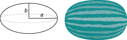 Esta figura tiene dos imágenes. La primera es una elipse donde a es la distancia horizontal desde el centro hasta el borde y b es la distancia vertical desde el centro hasta el borde superior. El segundo es una sandía.
