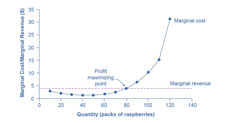 This graph illustrates marginal revenue and marginal cost curves of an individual farmer in a perfectly competitive market. The y-axis shows marginal cost and marginal revenue measured in dollars. The x-axis shows quantity as packs of raspberries. The marginal revenue curve is shown as a straight horizontal line at 5 dollars because in a perfectly competitive market price is determined by the market, and that price is marginal revenue. The marginal cost curve starts just below marginal revenue, decreases, then begins to increase after quantity of 50. As marginal cost is increasing, it intersects marginal revenue at a quantity of 80, and this is identified as the profit-maximizing point.