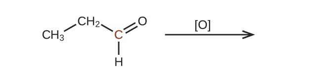 Se muestra el lado izquierdo de una reacción y la flecha. La flecha está marcada con una O entre corchetes. A la izquierda de la flecha hay una estructura molecular. Muestra un grupo C H subíndice 3 que se enlaza hacia arriba y a la derecha con un grupo C H subíndice 2. El grupo C H subíndice 2 forma un enlace hacia abajo y a la izquierda con un átomo de C. Este átomo de C aparece en rojo y forma un doble enlace con un átomo de O y un enlace simple con un átomo de H.