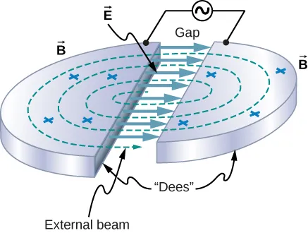 Figure shows two metallic semi circular plates separated by a gap. Each plate is connected to one terminal of an AC source. The plates  are labeled Dees. Circular dotted lines pass through both plates. These are labeled external beam. Arrows from one plate to another in the gap are labeled vector E. Crosses on the surface of the plates are labeled vector B.