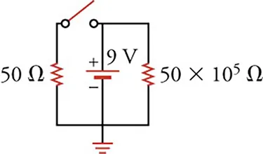 Circuit diagram with a $9\text{-V}$ battery, two resistors $\left(50\,\text{and}\,50 \times 10^{50}\,\Omega \right)$, and a switch.
