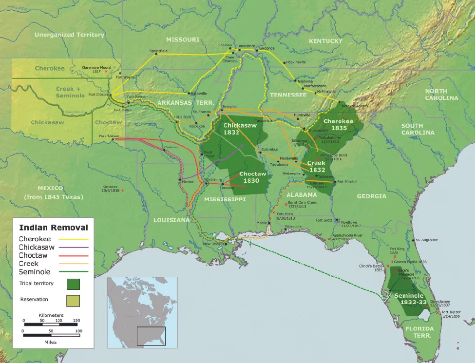 A map of the United States showing the southeast quarter of the country. On the map the paths of Indian Removal are shown. For “Cherokee” a path is drawn from a region labeled “Tribal territory Cherokee 1835” in the northwest corner of Georgia to a region labeled “Reservation” in “Unorganized Territory” to the west of Missouri. For “Chickasaw” a path is drawn from a region labeled “Tribal territory Chickasaw 1832” in the north half of Mississippi to a region labeled “Reservation” in “Unorganized Territory” to the west of Arkansas Territory. For “Choctaw” a path is drawn from a region labeled “Tribal territory Choctaw 1830” in the lower north half of Mississippi to a region labeled “Reservation” in “Unorganized Territory” to the west of Arkansas Territory. For “Creek” a path is drawn from a region labeled “Tribal territory Creek 1832” in the northeast of Alabama to a region labeled “Reservation” in “Unorganized Territory” to the west of Arkansas Territory. For “Seminole” a path is drawn from a region labeled “Tribal territory Seminole 1832-33” in the south of Florida Territory to a region labeled “Reservation” in “Unorganized Territory” to the west of Arkansas Territory.