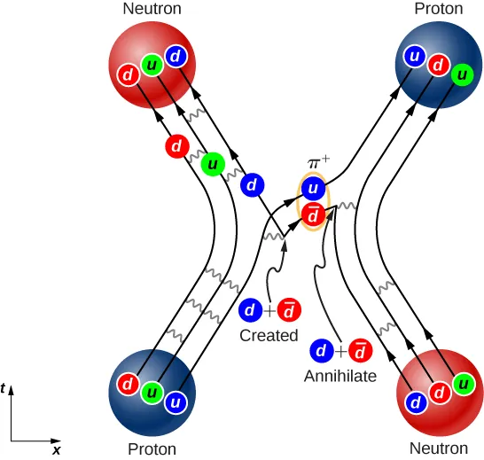 At the top left of the figure is a circle labeled neutron. Within it are three smaller circles labeled d, u, d. At the top right corner is a circle labeled proton. Within it are three circles labeled u, d, u. At the bottom right is a circle labeled neutron. Within it are three circles labeled d, d, u. At the bottom left is a circle labeled proton. Within it are three circles labeled d, u, u. Lines from d, and u in the bottom left proton connect to the d and u in the top left neutron. Lines from the d and u in the bottom right neutron connect to those in the top right proton. A line from the u in the bottom left proton connects to the u in the top right proton. In the middle of this connecting line, the u pairs with another circle, which is labeled d bar. This pair is labeled pi plus. Pointing to the circle labeled d bar from the left is an arrow, whose base is labeled d plus d bar created. A line from the base of the arrow connects to the d in the top left neutron. To the right of the circle labeled d bar is a line, the endpoint of which is labeled d plus d bar annihilate. A line connects the d in the bottom right neutron to it. Wavy lines are shown between all connecting lines.