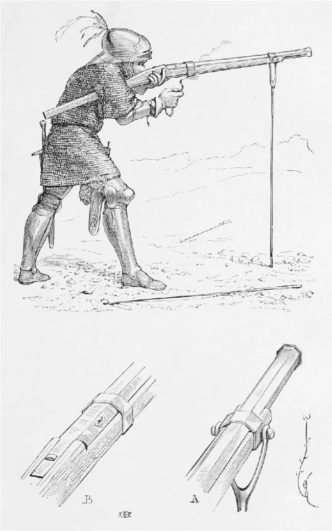 Two black drawings on a white background are shown. The top drawing shows a man in chain mail armor with a large helmet with a feather in the back, tall boots, gloves, and swords hanging at his side. He is holding a very long rifle type gun that is propped at the front on a “Y” shaped pole. The bottom drawing shows a portion of the weapon – a section of the hexagonal tube with openings on top on the left and a section of the front of the weapon propped up on the “Y” shaped pole on the right.