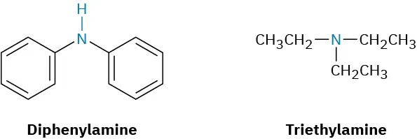 The structures of diphenylamine and triethylamine. Diphenylamine has two benzene rings linked to an N H group. Triethylamine has a nitrogen atom linked to three ethyl groups.