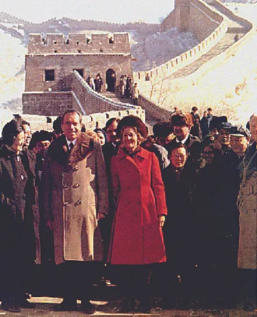 An image of Patricia and Richard Nixon standing on the Great Wall of China.