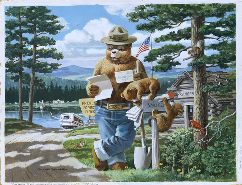 Symbol of wildfire prevention since 1944, Smokey Bear, wearing a hat and jeans, reads letters from a streetside mailbox. A bear cub plays on the mailbox. A log cabin serving as the forest ranger station, a mailtruck, a lake, and boats appear in the background.