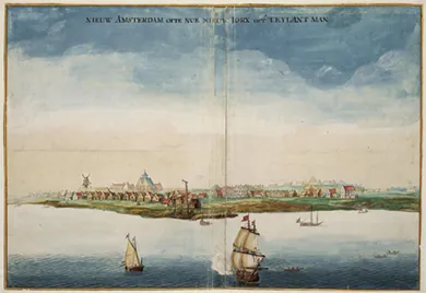 A watercolor shows New Amsterdam, with several ships in its surrounding waters.