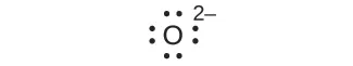 Un diagrama de puntos de Lewis muestra el símbolo del oxígeno, O, rodeado de ocho puntos y un signo negativo en superíndice.