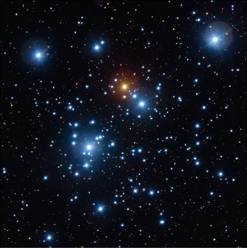 The Open Cluster N G C 4755. This open cluster, known as the “Jewel Box,” contains many bright white and blue stars as well as a bright yellow supergiant near the center.