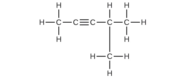 Esta figura muestra una cadena de hidrocarburos con una longitud de cinco átomos de C. El primer átomo de C (de izquierda a derecha) tiene tres átomos de H enlazados. También está enlazado a un segundo átomo de C. El segundo átomo de C forma un triple enlace con un tercer átomo de C. El tercer átomo de C forma un enlace simple con un cuarto átomo de C. El cuarto átomo de C tiene un átomo de H enlazado por encima y un átomo de C enlazado por debajo. El átomo de C enlazado por debajo del cuarto átomo de C tiene tres átomos de H enlazados. El cuarto átomo de C está enlazado a un quinto átomo de C. El quinto átomo de C tiene tres átomos de H enlazados.