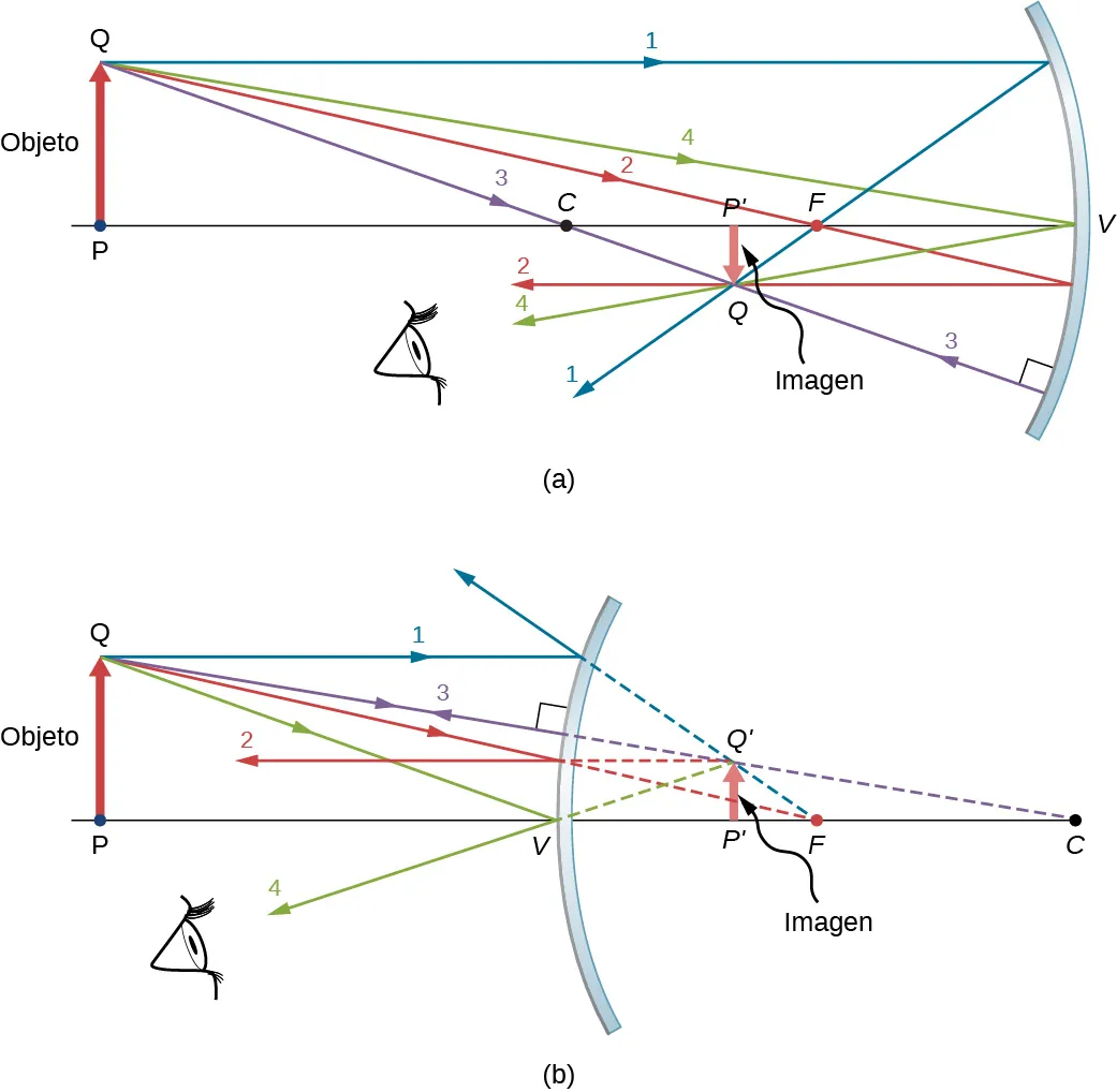 La figura a muestra la sección transversal de un espejo cóncavo. Una flecha hacia arriba, marcada como objeto, con base P y punta Q, está delante del espejo. Una línea une los puntos P, C, F y V, que está en el espejo. Una flecha hacia abajo con base P prima y punta Q prima se marca como imagen. Es más pequeña que el objeto. La P prima se encuentra en el eje óptico entre los puntos C y F. Cuatro rayos incidentes, marcados del 1 al 4 se originan en el punto Q. Los cuatro rayos reflejados se cruzan en el punto Q prima. La figura b muestra la sección transversal de un espejo convexo. Una flecha hacia arriba, marcada como objeto con base P y punta Q, está delante del espejo. Una línea desde el punto P pasa por el punto V del espejo y el punto F detrás del espejo antes de conectarse con el punto C. Detrás del espejo se muestra una flecha más pequeña, hacia arriba, marcada como imagen, con base P prima y punta Q prima. P prima se encuentra en el eje óptico entre los puntos V y F. Cuatro rayos incidentes se originan en el punto Q. Los rayos reflejados se extienden en la parte posterior con líneas punteadas y todos parecen originarse en el punto Q prima.