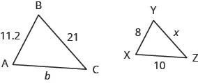 Two triangles are shown. Triangle ABC is on the left. The side across from A is labeled 21, across from B is b, and across from C is 11.2. Triangle XYZ is on the right. The side across from X is labeled x, across from Y is 10, and across from Z is 8.
