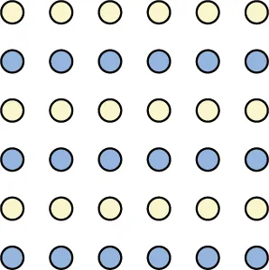 An illustration shows six rows of six dots each. The rows of dots alternate between blue and white colored dots.