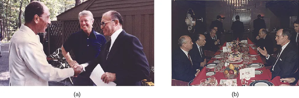 Image A is of Jimmy Carter shaking hands with Anwar El Sadat, with Menachem Begin standing beside them. Image B is of a dinner party with several seated people, including George H. W. Bush and Mikhail Gorbachev.