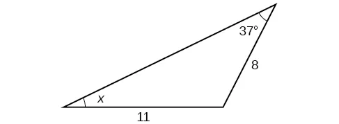 Un triángulo. Un ángulo es de 37 grados con el lado opuesto = 11. Otro ángulo es de x grados con el lado opuesto = 8.
