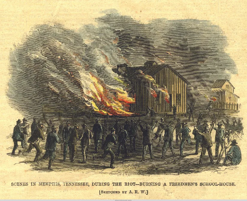 An image of a sketch of a building on fire. Several people are standing outside the building. Some of the people are armed. At the bottom of the image reads “Scenes in Memphis, Tennessee, during the riot—burning a freedmen’s school-house. [Sketched by A. R. W.]”.