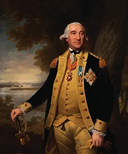 A portrait of Friedrich Wilhelm von Steuben is shown. He wears a black military coat and a number of medals and ribbons, and rests his hand on a sword.