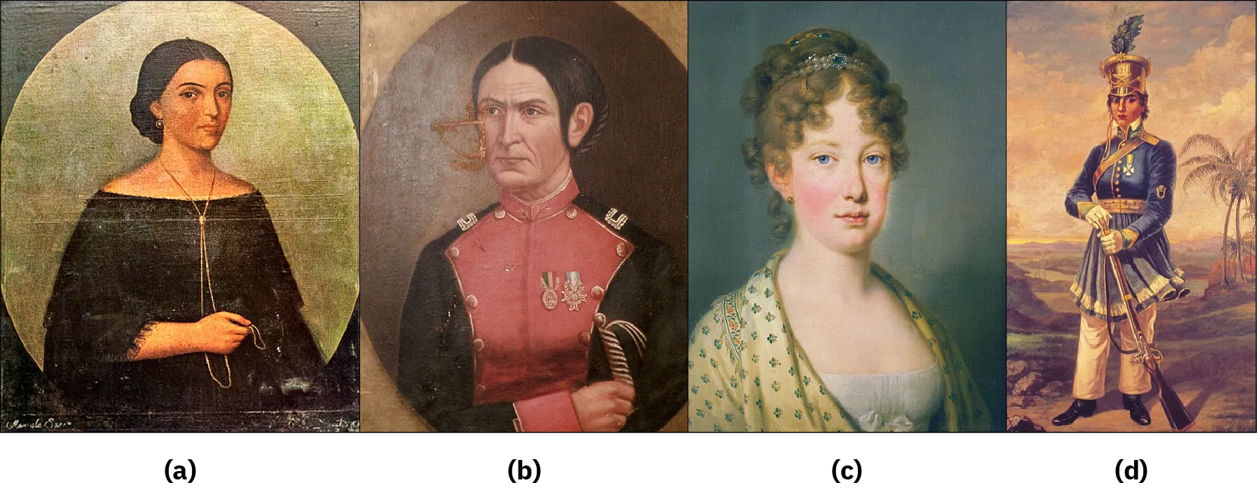 Image (a) is a painting of Manuela Saenz, she wears a black dress and a necklace. Image (b) is a painting of Juana Azurduy de Padilla, she wears a military uniform which is decorated with medals and she holds a sword. Image (c) is a painting of Empress Maria Leopoldina, she wears a dress. Image (d) is a painting of Maria Quitéria, she wears a military uniform and carries a gun.