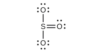 Se muestra una estructura de Lewis de un átomo de azufre unido individualmente a dos átomos de oxígeno, cada uno con tres pares solitarios de electrones, y doblemente unido a un tercer átomo de oxígeno con dos pares solitarios de electrones.