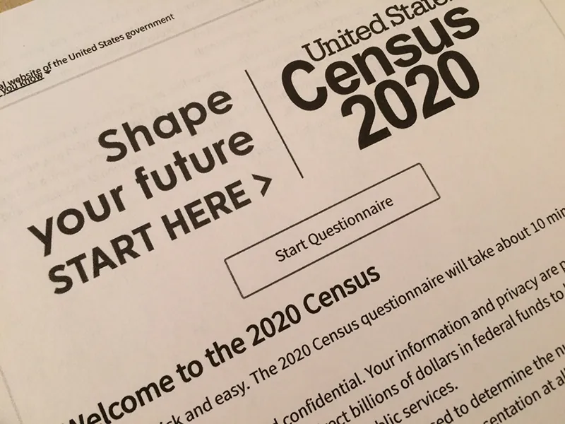 The beginning of a United States census form says: Shape your future start here. United States Census 2020. Start questionnaire.