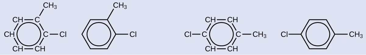 Se muestran dos pares de fórmulas estructurales. El primero tiene un anillo de hidrocarburos de seis carbonos en el que cuatro de los átomos de C están enlazados a un solo átomo de H cada uno. En la parte superior derecha del anillo, el átomo de C que no tiene un átomo de H enlazado tiene un grupo C H subíndice 3 unido. El átomo de C a la derecha tiene un átomo de C l unido. Un círculo está en el centro del anillo. La segunda molécula del primer par tiene un hexágono con un círculo en su interior. Desde un vértice del hexágono en la parte superior derecha se une un grupo C H subíndice 3. Desde el vértice de la derecha se une un átomo de C l. El segundo par muestra primero un anillo de hidrocarburo de seis carbonos en el que cuatro de los átomos de C están enlazados a un solo átomo de H. Un átomo de C l está unido al átomo de C más a la izquierda y un grupo C H subíndice 3 está unido al átomo de C más a la derecha. Un círculo está en el centro del anillo. La segunda molécula del par tiene un hexágono con un círculo en su interior. A un vértice del lado derecho del hexágono se une un grupo C H subíndice 3 y a un vértice del lado izquierdo se enlaza un átomo de C l.