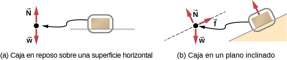La Figura a muestra una caja en reposo sobre una superficie horizontal. Un diagrama de cuerpo libre muestra el vector de fuerza normal que apunta hacia arriba y el vector de peso que apunta hacia abajo. La Figura b muestra una caja en un plano inclinado. Su diagrama de cuerpo libre muestra el vector de peso que apunta directamente hacia abajo, el vector de fuerza normal apunta hacia arriba, en una dirección perpendicular al plano y un vector de fuerza de fricción apunta hacia arriba, a lo largo de la dirección del plano.
