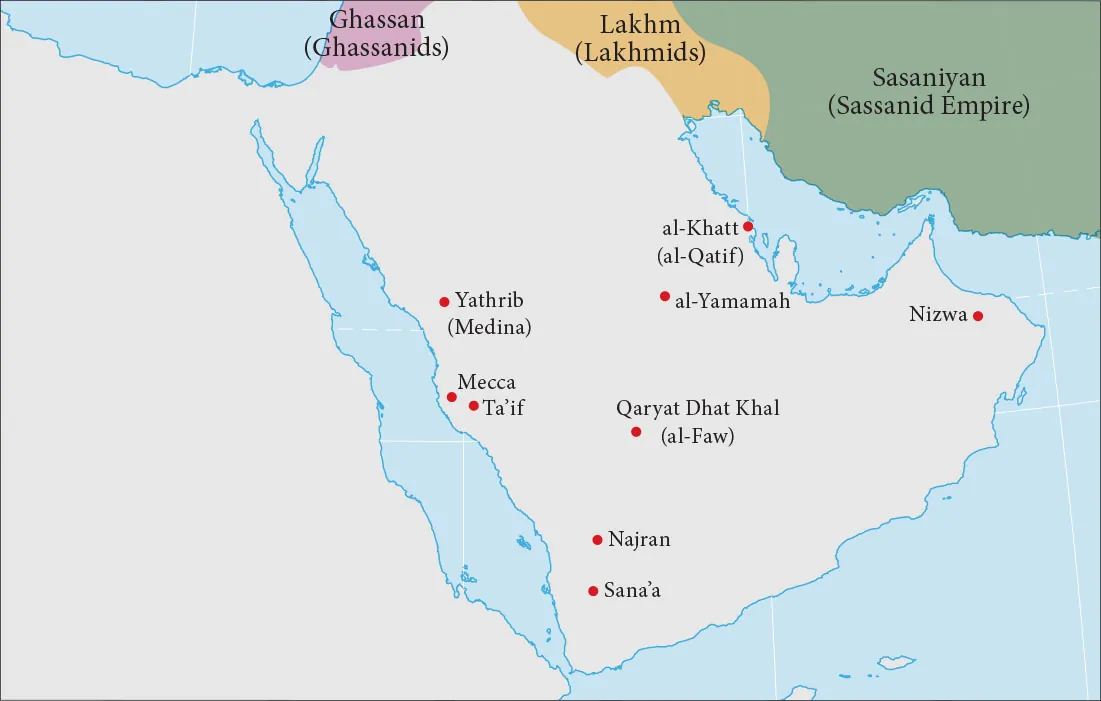 A drawing of a map is shown. At the left there is a white mass of land, unlabeled and showing no markings. Next, heading east, there is an area of water and then a large peninsula. The cities of Yathrib (Medina), Mecca, Ta’if, Najran, and Sana’a are labeled with a red dot along the peninsula’s west coast. Qaryat Dhat Khal (al-Faw) is labeled with a red dot in the middle southern part of the country. al-Khatt (al-Qatif), al-Yamamah, and Nizwa are labeled with a red dot along the eastern coast of the country. At the north there is an oval area highlighted purple labeled “Ghassan (Ghassanids).” To the east is a thin long oval piece of land highlighted yellow and labeled “Lakhm (Lakhmids).” A rectangle area to the east of that is highlighted green and labeled “Sasaniyan (Sassanid Empire).”