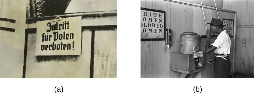 Photograph A shows a sign written in German. Photograph B shows a man drinking at a drinking fountain.