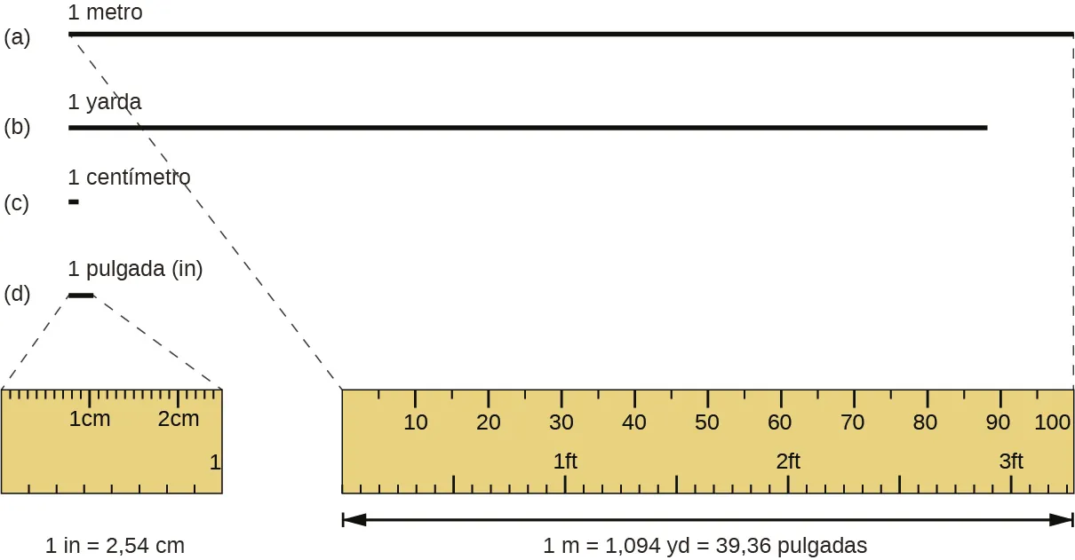 Un metro es ligeramente mayor que una yarda y un centímetro es menos que la mitad de una pulgada. 1 pulgada equivale a 2,54 cm. 1 m equivale a 1,094 yardas, lo que equivale a 39,36 pulgadas.