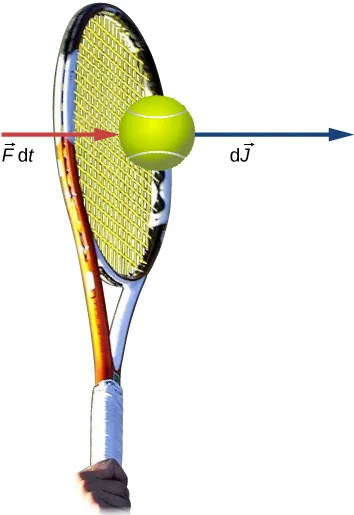 Na rysunku przedstawiono rakietę tenisową w momencie uderzania piłki. Do piłki dorysowano dwa wektory skierowane w prawo. Jeden z nich oznaczono jako Fdt, a drugi jako dJ.