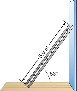 Rysunek pokazuje schematycznie pięciometrową drabinę opierającą się o ścianę bez tarcia. Kąt nachylenia drabiny do podłożem wynosi 53 stopnie