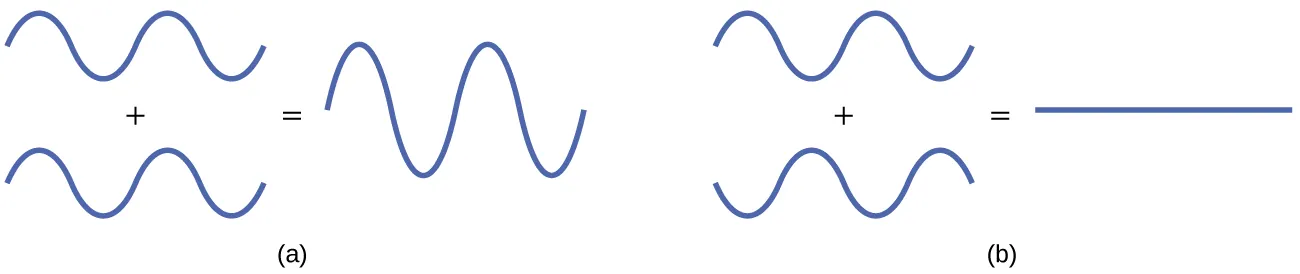 A pair of diagrams are shown and labeled, “a” and “b.” Diagram a shows two identical waves with two crests and two troughs. They are drawn one above the other with a plus sign in between and an equal sign to the right. To the right of the equal sign is a much taller wave with a same number of troughs and crests. Diagram b shows two waves with two crests and two troughs, but they are mirror images of one another rotated over a horizontal axis. They are drawn one above the other with a plus sign in between and an equal sign to the right. To the right of the equal sign is a flat line.