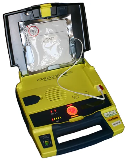 Photograph of an automated external defibrillator.