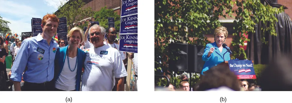 Photo A shows Joseph P. Kennedy, Elizabeth Warren, and Barney Frank. Image B shows Hillary Clinton at a podium.