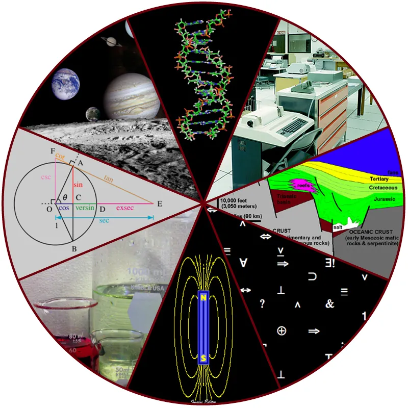 A collage includes a photo of planets in our solar system, a DNA molecule, scientific equipment, a cross-section of the ocean floor, scientific symbols, a magnetic field, beakers of fluid, and a geometry problem.