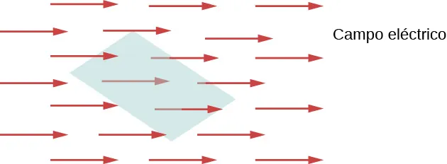 La figura muestra una zona sombreada en el centro. Varias flechas que apuntan a la derecha se muestran detrás, delante y atravesando la zona sombreada. Estas están marcadas como campo eléctrico.